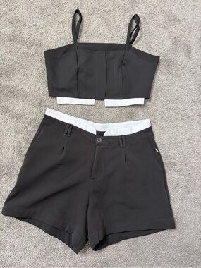 Black Two-Piece set Cropped Top & High-Waist Shorts  white contrast waistband